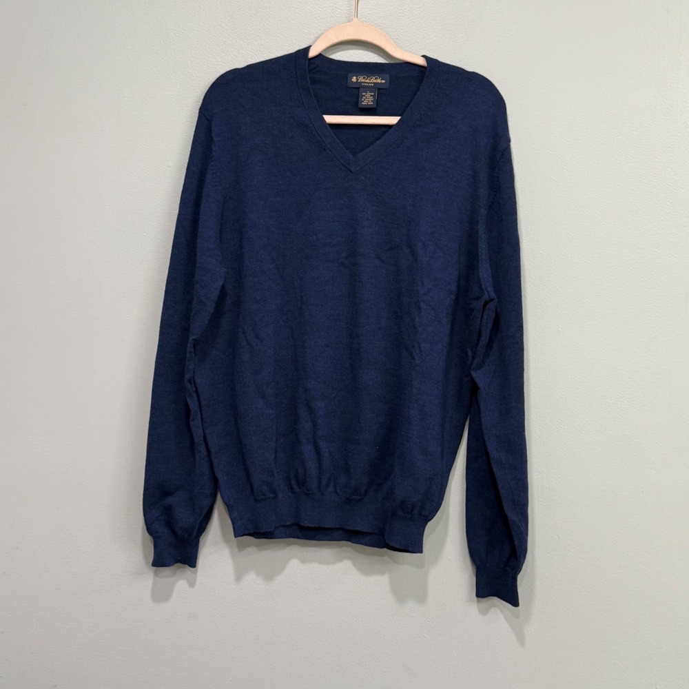 Brooks Brothers Mens Large Navy Blue Merino Wool Stretch V-Neck Sweater